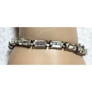 Vtg 50s Clear Baguette Rhinestone Bracelet Silver Tone Safety Chain Deco Style